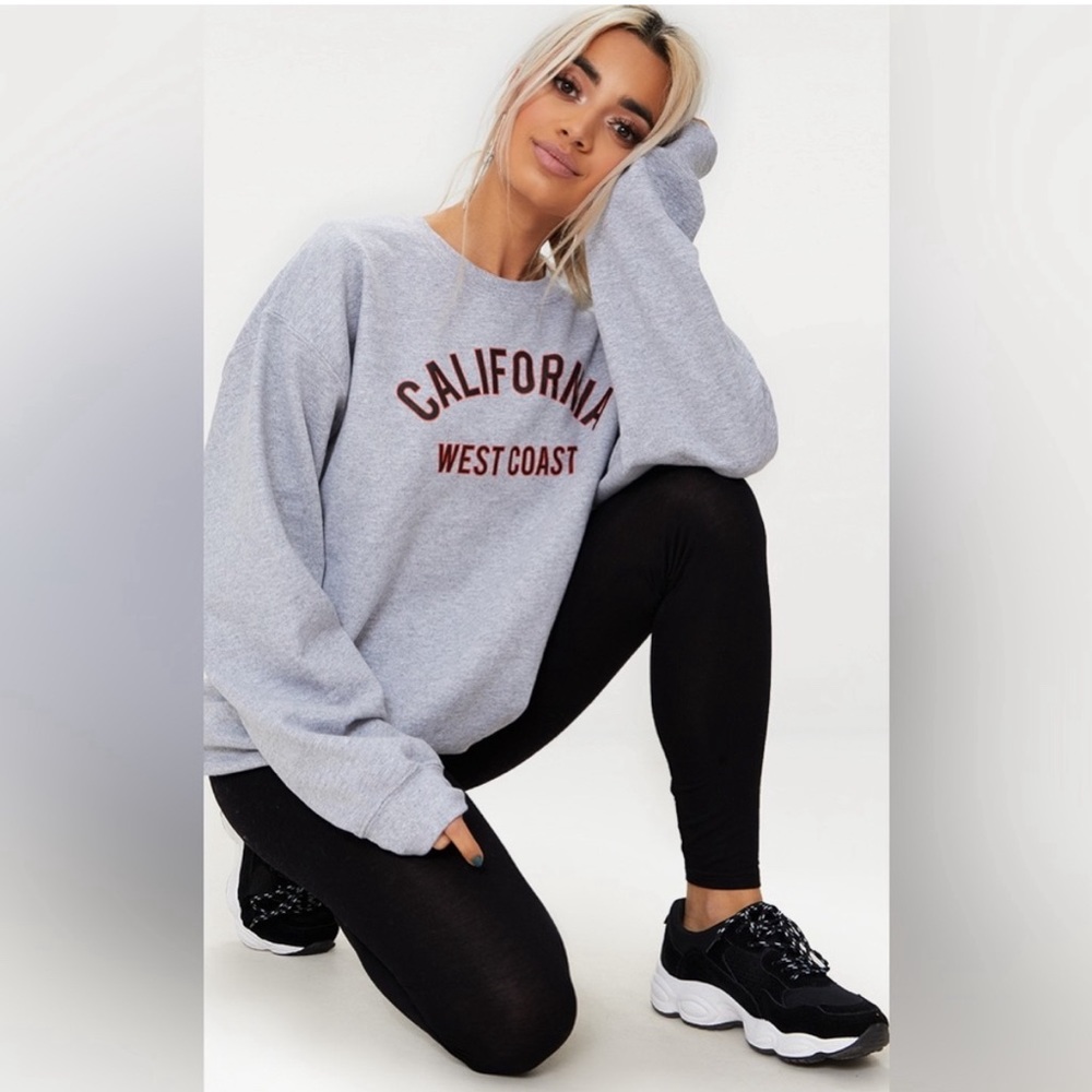 PRETTYLITTLETHING Grey Marl California Graphic Oversized Sweatshirt